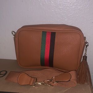 Tan Crossbody Bag with Multicolor Stripe